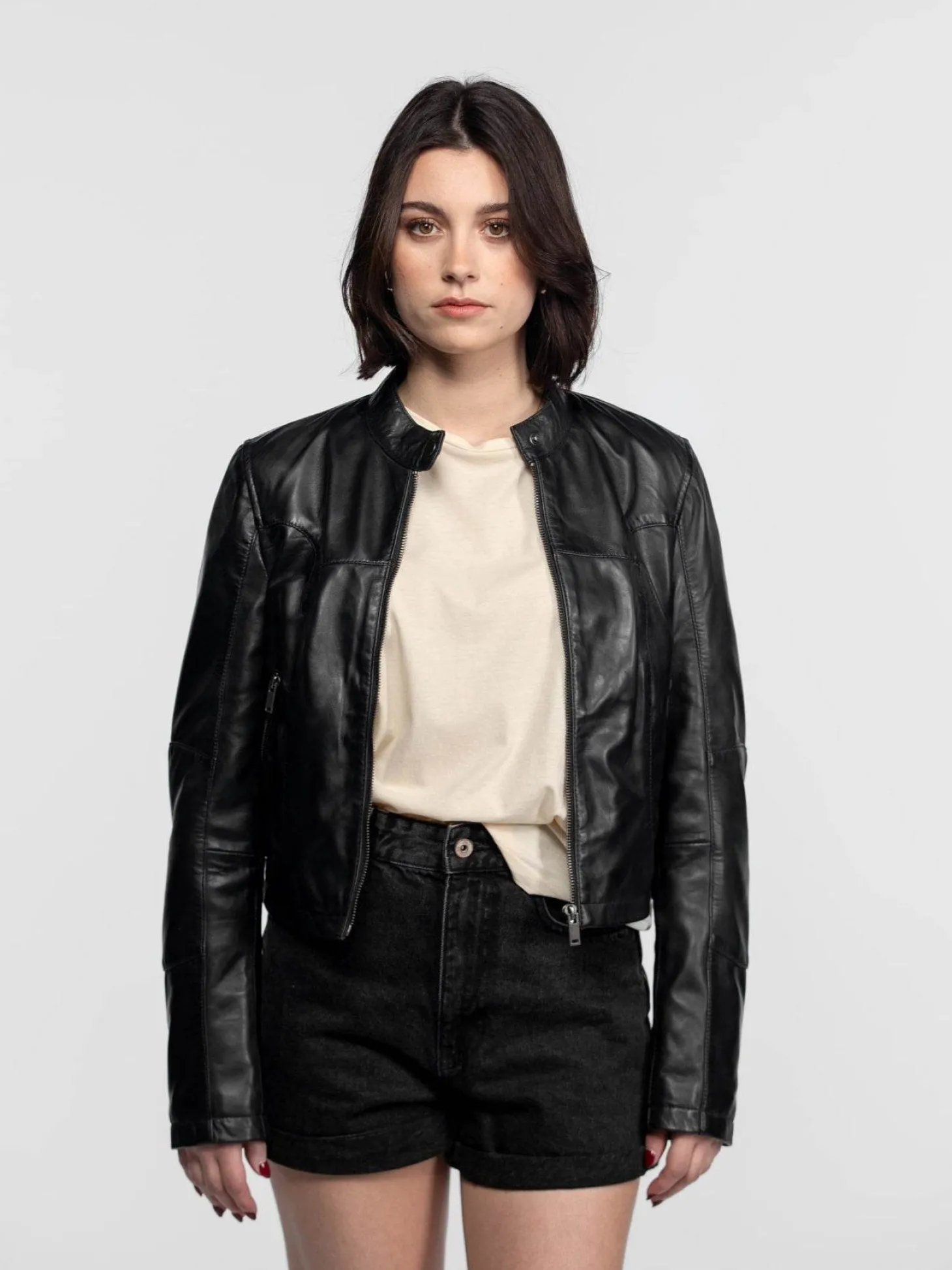 Lola - Veste cuir col rond femme